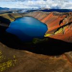 Lake in an old volcanic crater or caldera, Iceland