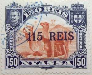 nyassa 150 reis correios portugal 1903 rotlichbraun red brown brun jaune camel stamp 115 overprint