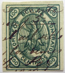 1867 1868 condor correos bolivia contratos imperforated 100 centavos green stamp pencil cancelation