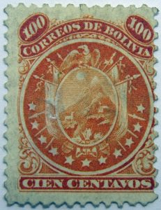 1871 coat of arms eleven stars below arms 100 correos de bolivia cien centavos orange stamp
