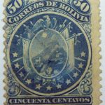 1871 coat of arms eleven stars below arms 50 correos de bolivia cincuenta centavos blue stamp