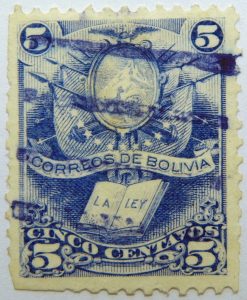 1878 crest and book correos de bolivia la ley 5 cinco centavos blue stamp