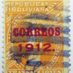 1912 revenue stamp overprinted correos 1912. republica boliviana 5 cinco centavos transaccione golden