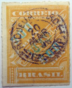 brazil newspaper stamp 1898 overprinted correio 700r on 500r rouletted green surcharge