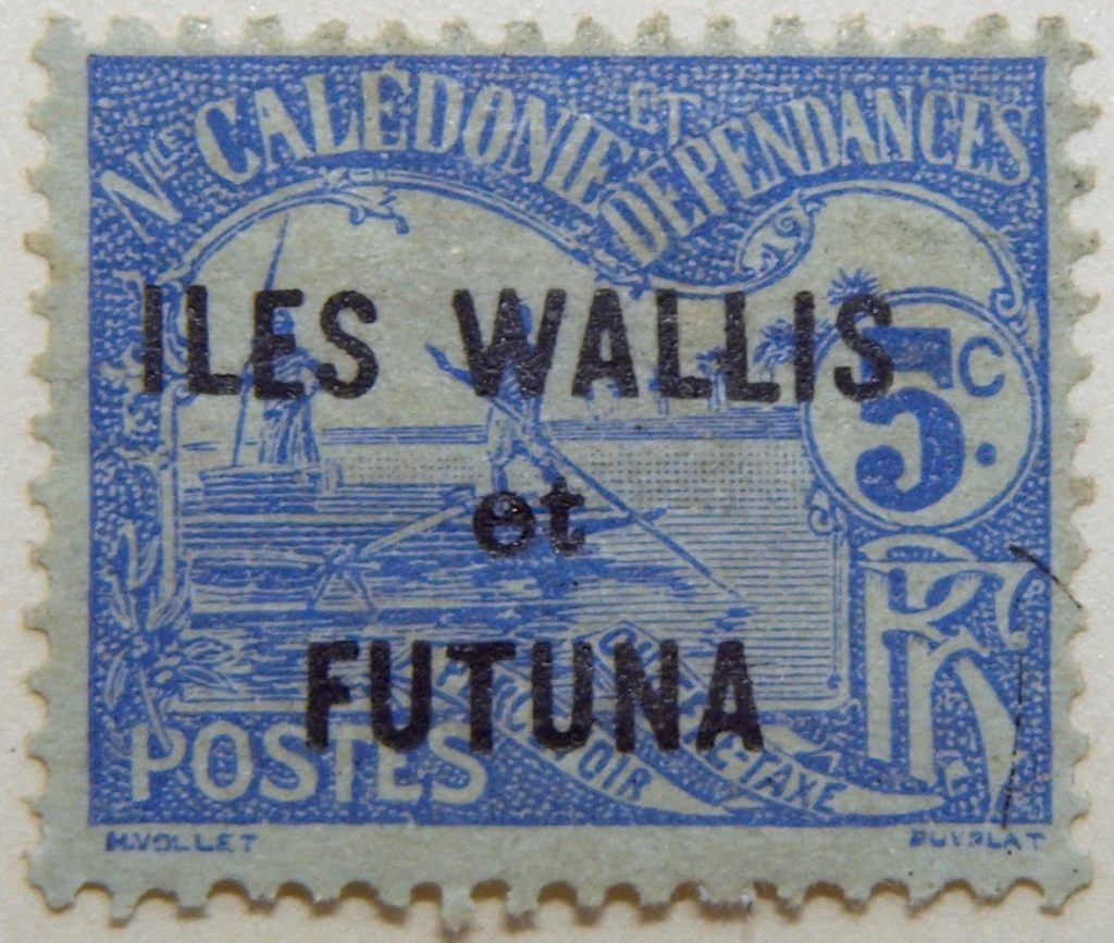 new caledonia postage stamp overprinted iles wallis et futuna black 5c rf postes nouvelle blue m.vollet