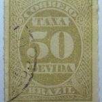 postage due stamp brazil 1890 rouletted performation correio taxa devida 50 reis olive