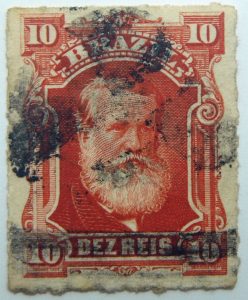 emperor dom pedro ii performaton rouletted brazil 10 dez reis vermilion 1878 old stamp