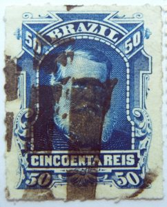emperor dom pedro ii performaton rouletted brazil 50r cincoenta reis blue 1878 old stamp