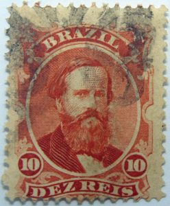emperor dom pedro performaton 12 brazil 10 dez reis vermilion 1866 july 1 old stamp