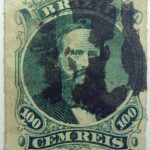 emperor dom pedro performaton 12 brazil 100r gem reis green 1866 july 1 old used stamp