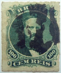 emperor dom pedro performaton 12 brazil 100r gem reis green 1866 july 1 old used stamp