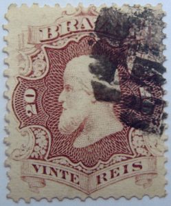emperor dom pedro performaton 12 brazil 20 vinte reis red lilac 1866 july 1 old stamp
