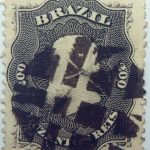 emperor dom pedro performaton 12 brazil 200r duzentos reis black 1866 july 1 old used stamp