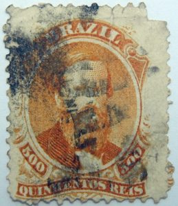emperor dom pedro performaton 12 brazil 500 quinicentos reis orange 1866 july 1 old stamp
