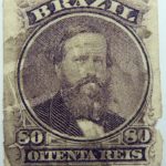 emperor dom pedro performaton rouletted brazil 80 oitenta reis slate violet old stamp 1877