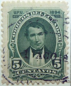 1894 vicente rocafuerte 19. january wm none perforation 12 bluish green u. p. u. 1894. correosdelecuador 5centavos ecuador stamp