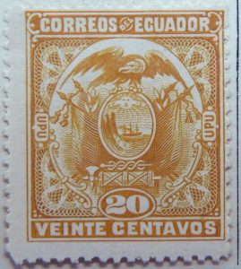 1897 coat of arms correos del ecuador upu 20 veinte centavos yellow stamp