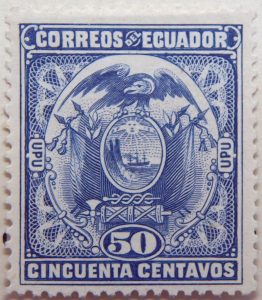 1897 coat of arms correos del ecuador upu 50 cincuenta centavos marine blue stamp
