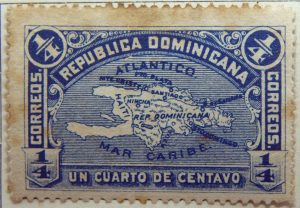 1900 map of hispaniola republica dominicana correos un cuarto de centavo mar caribe blue stamp