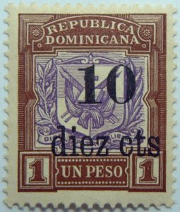 1904 coat of arms stamps of 1901 surcharged republica dominicana overprinted diez cts 1 un peso brown purple stamp