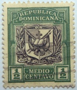 1906 1910 coat of arms republica dominicana half medio centavo green black color stamp