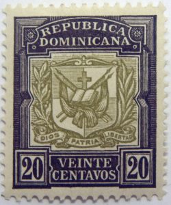 coat of arms republica dominicana 20 veinte centavos black olive color stamp dios patria libertad