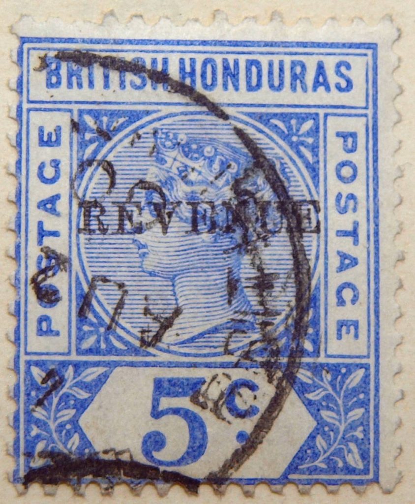 1899 1900 stamp overprinted revenue for post and fiscal use british honduras ultramarine color postage 5 c