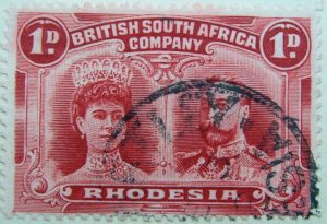1910 king george v, 1865 1936 & queen marie, 1867 1953 british south africa company rhodesia carmine rose color stamp one penny