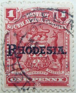british south africa company 1909 overprinted rhodesia 1p rose one penny justice commerce freedom stamp