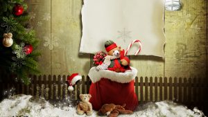 christmas decoration 2560x1440 present gifts teddy bear snow 4k 3947