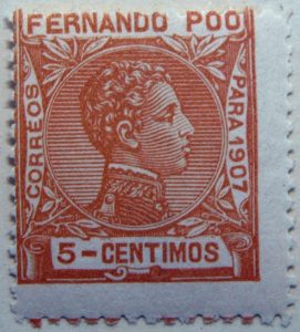 fernando poo bioko island 5 centimos orange old stamp para 1907 correos